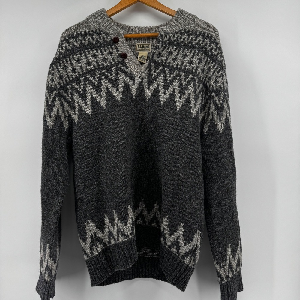 LL Bean Mens 100% Lambswool Fair Isle Henley Sweater Gray Sz M Nordic Heritage - Picture 4 of 8